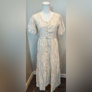 Roolee Cream Eyelet Embroidered Button Front Tiered Midi Dress XS
